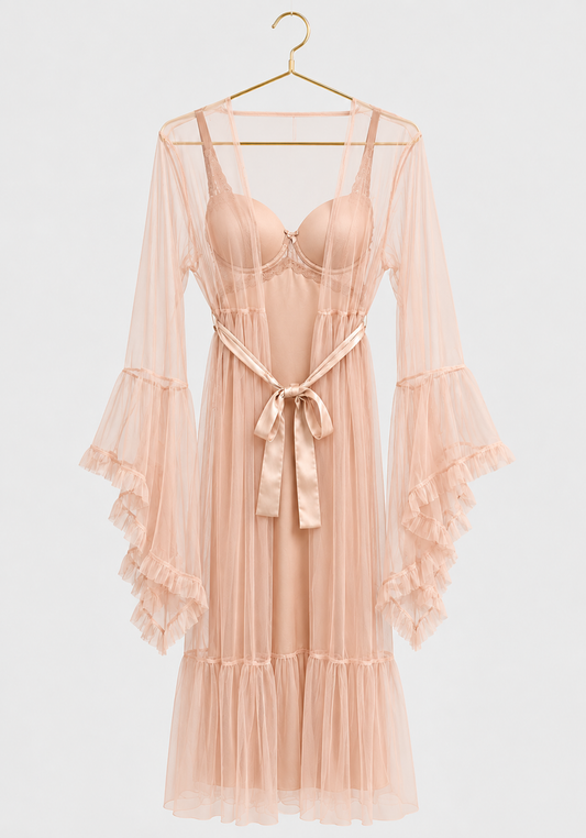 Lingerie Long Robe Set: Satin Padded Underwire Cup Long Nighty And Schiffon Long Robe With Ruffles On The Sleeves