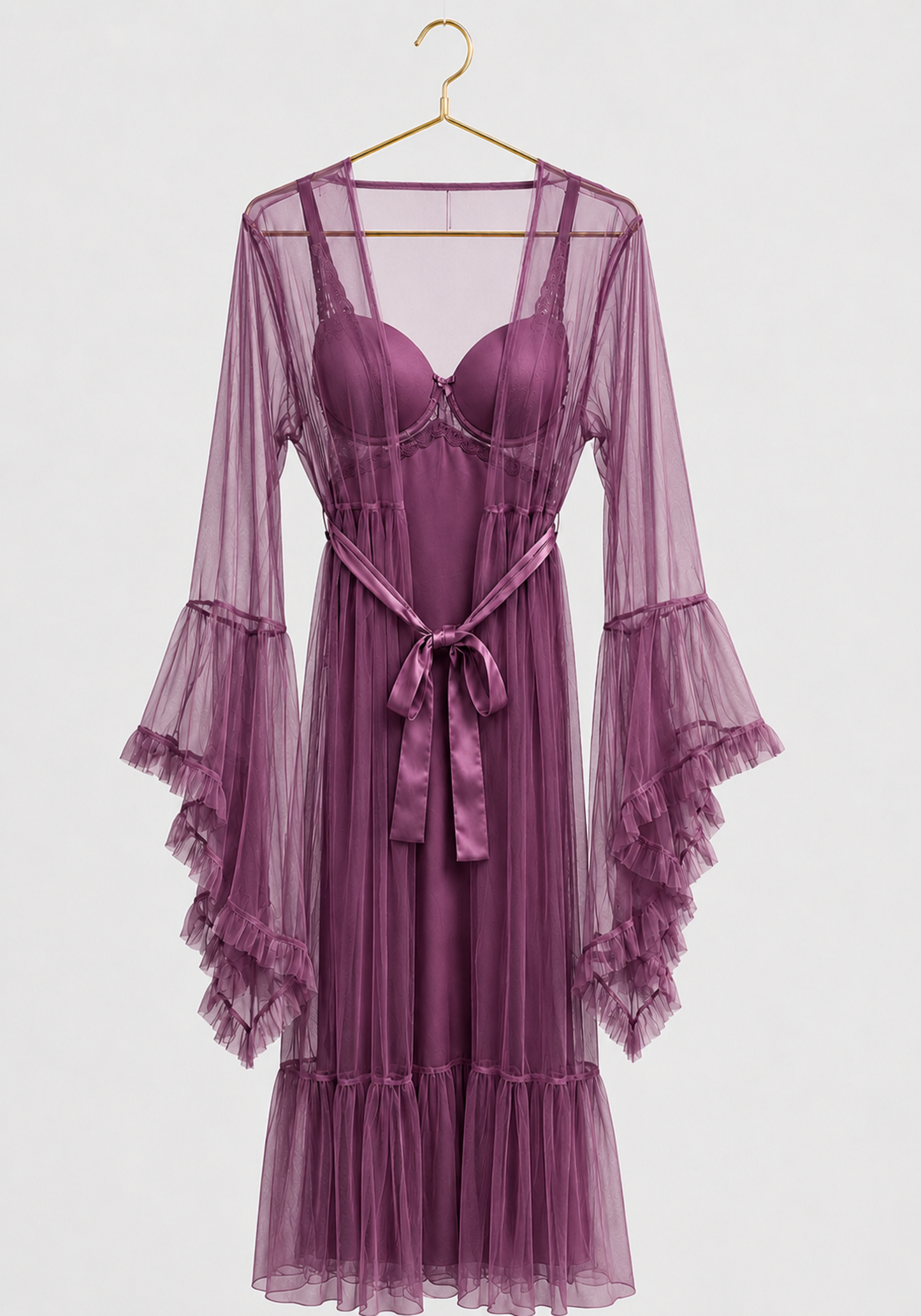 Lingerie Long Robe Set: Satin Padded Underwire Cup Long Nighty And Schiffon Long Robe With Ruffles On The Sleeves