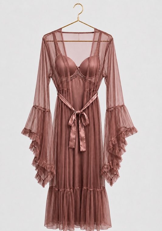 Lingerie Long Robe Set: Satin Padded Underwire Cup Long Nighty And Schiffon Long Robe With Ruffles On The Sleeves