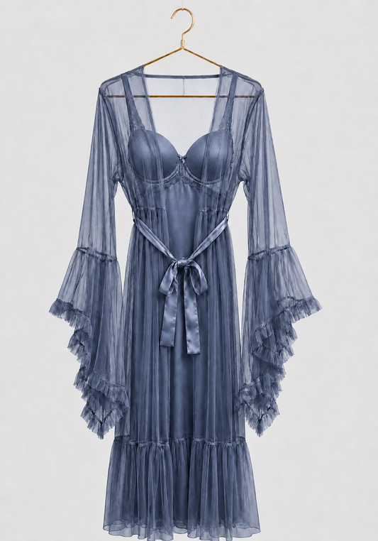 Lingerie Long Robe Set: Satin Padded Underwire Cup Long Nighty And Schiffon Long Robe With Ruffles On The Sleeves