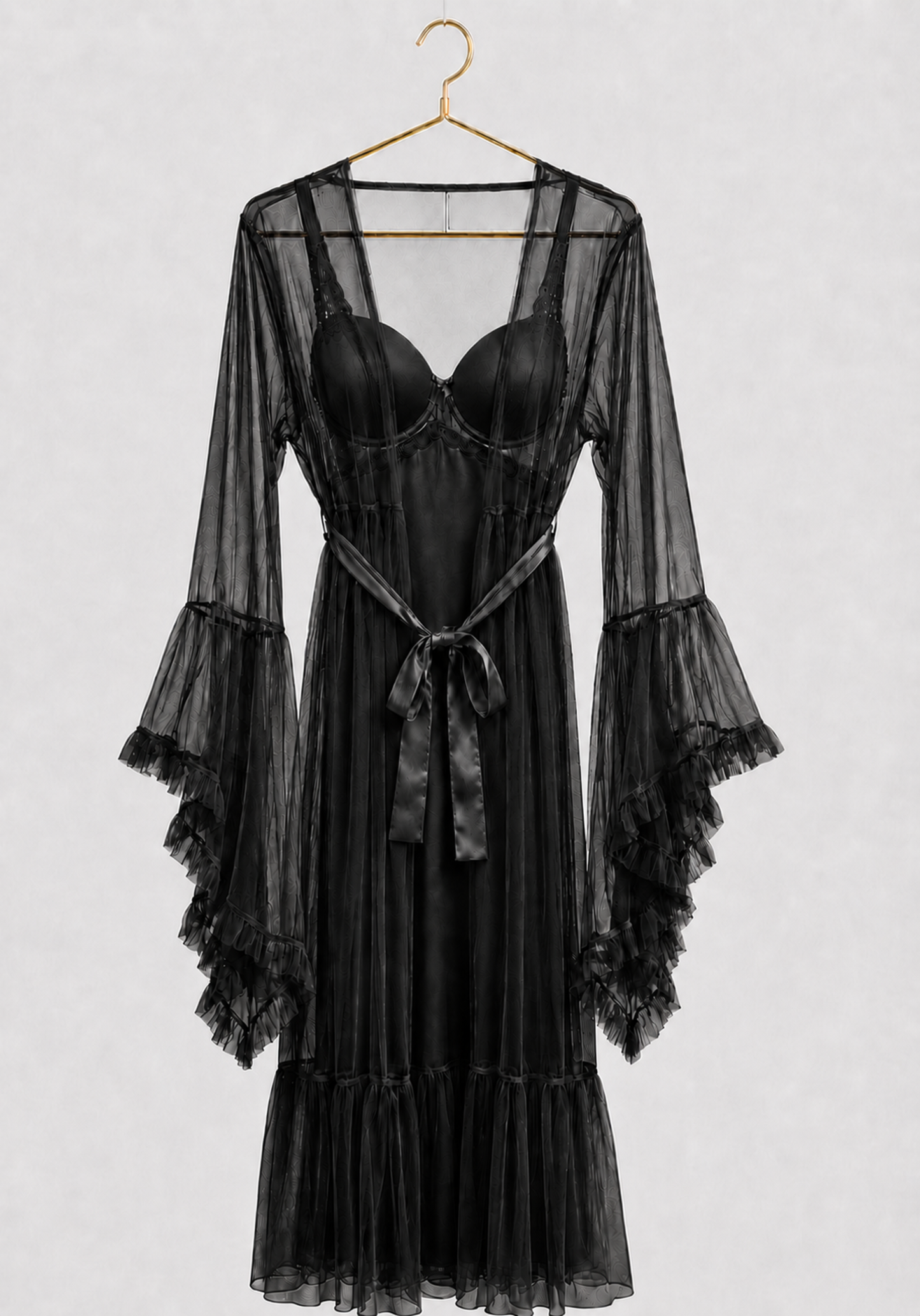 Lingerie Long Robe Set: Satin Padded Underwire Cup Long Nighty And Schiffon Long Robe With Ruffles On The Sleeves