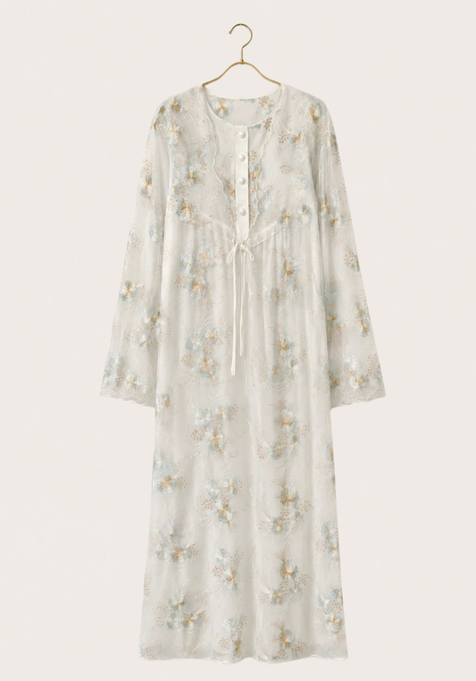 Maternal Long Robe Set: Long Sleeve Buttoned Nighty And Long Sleeve Organza Robe