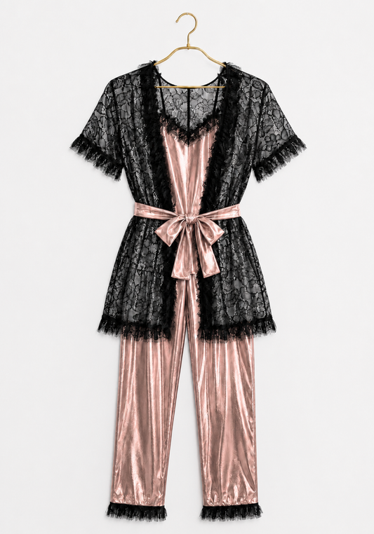 3 Pieces Pajamas: Disko Shoulder Strap Top And Pants And Full Dantel Short Sleeves Short Robe