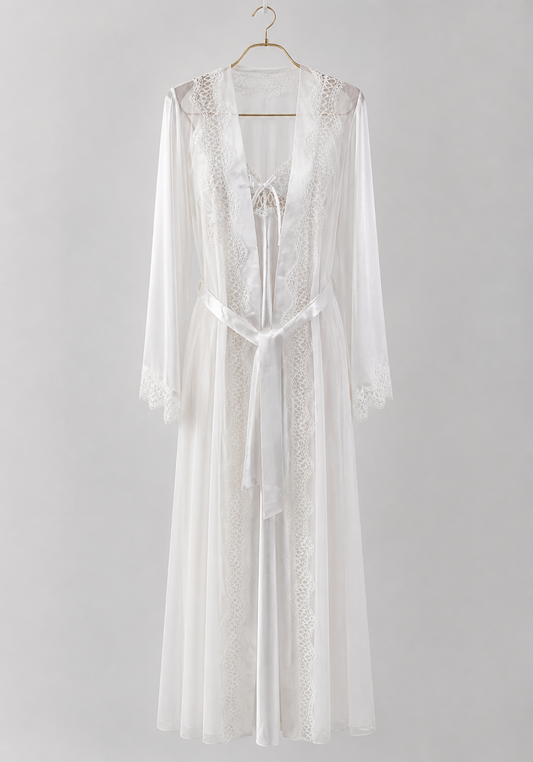 Bridal Long Robe Set: Satin Schiffon Long Nighty And Long Sleeve Long Robe Set With Lace Detail