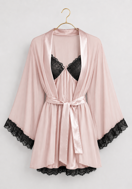 Schiffon Satin Short Robe Set: Satin Babydoll With Dantel On Cups And Schiffon Robe