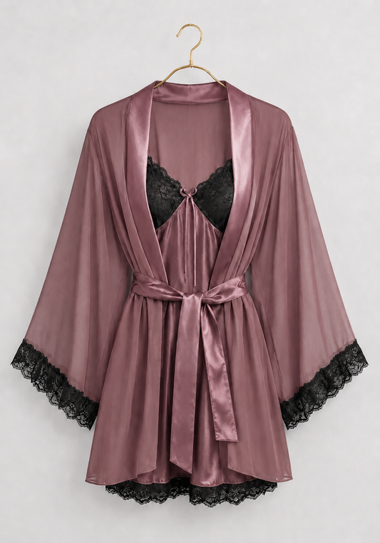 Schiffon Satin Short Robe Set: Satin Babydoll With Dantel On Cups And Schiffon Robe