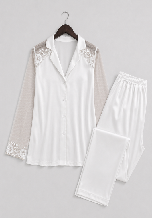 Bridal Pajamas: Satin Plain Collar Button Robe-Like Top With Toulle Long Sleeves And Satin Pants