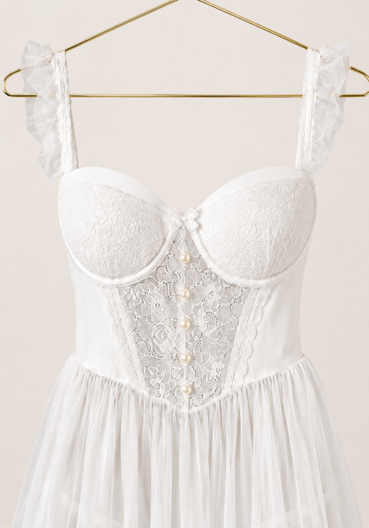 Bridal Babydoll: Ruffle Strap Dantel Padded Cup Bustier Schiffon Babydoll With Satin Lace Panty