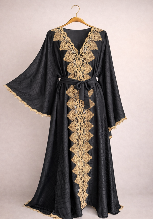 Satin Jackard Long Sleeve Long Nighty With Dantel