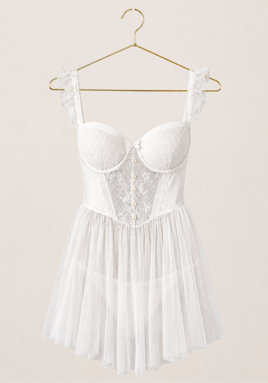 Bridal Babydoll: Ruffle Strap Dantel Padded Cup Bustier Schiffon Babydoll With Satin Lace Panty