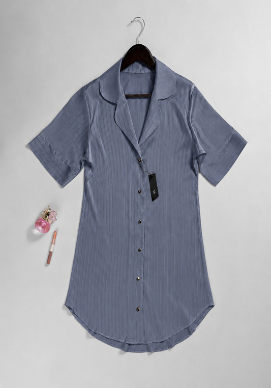 Lingerie Nighty: Satin Striped Collar Button Short Nighty