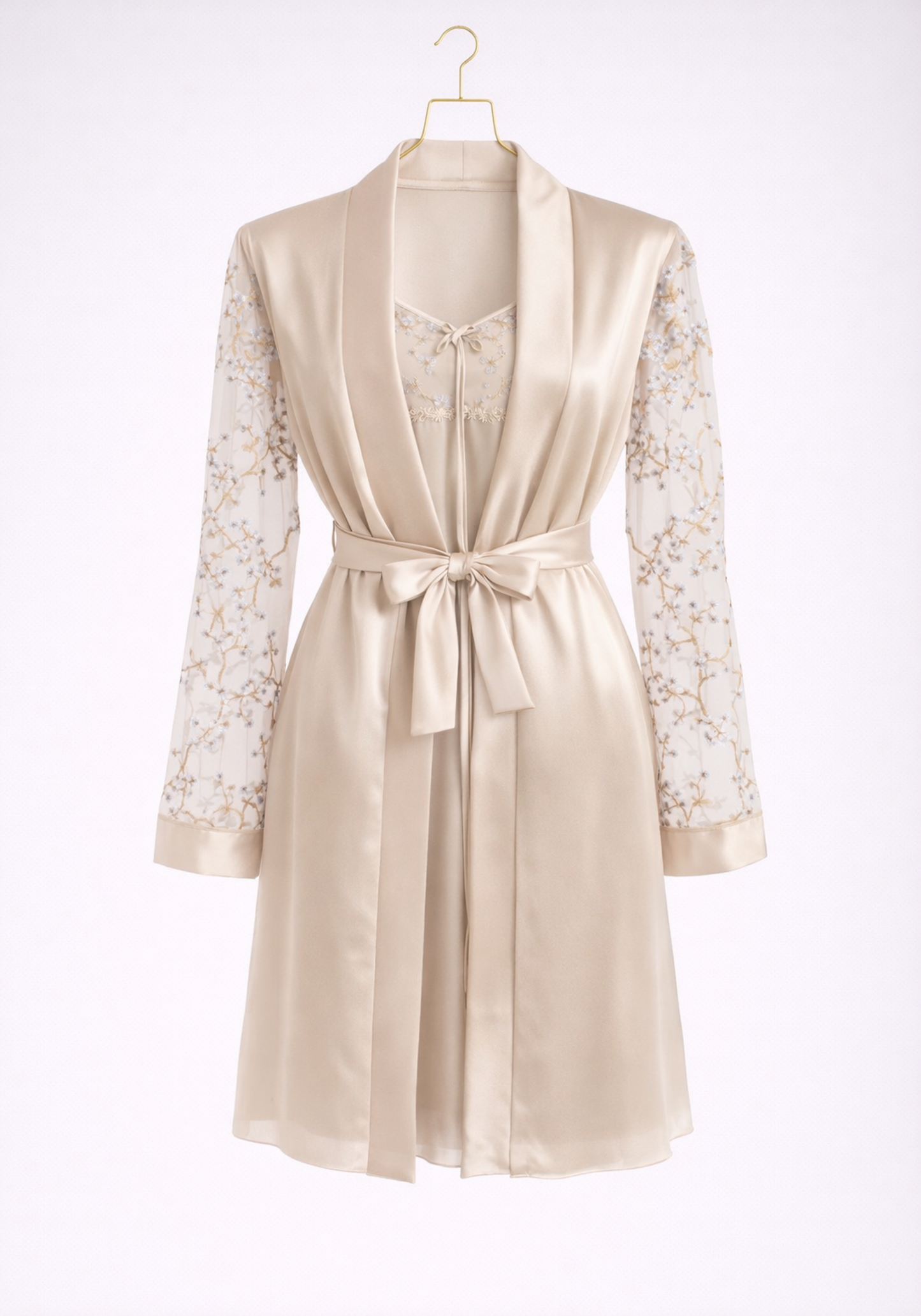 Satin Robe Set: Shoulder Strap Babydoll And Short Robe With Lace Detail