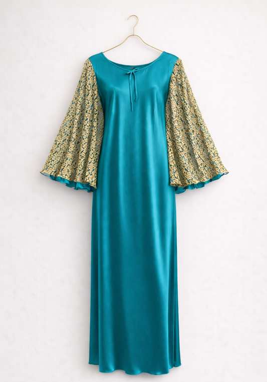 Satin Long Night Gown With Full Golden Lace Sleeves