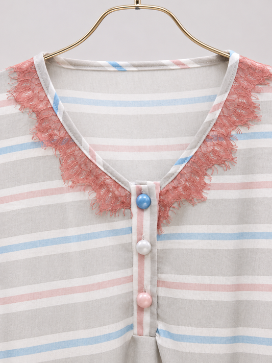 Soft Striped Capri Set: Long Sleeve V-Neck Top With Lace Detail And Capri