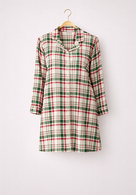 Maternal Collar Button Long Sleeve Chequered Nighty