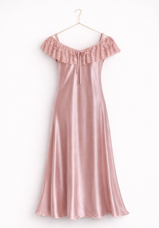 Satin Long Nighty With Dantel Across The Front