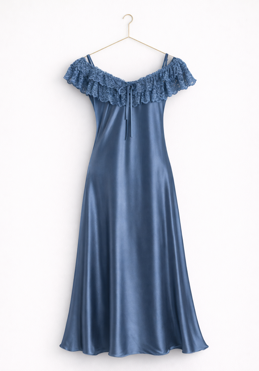 Satin Long Nighty With Dantel Across The Front
