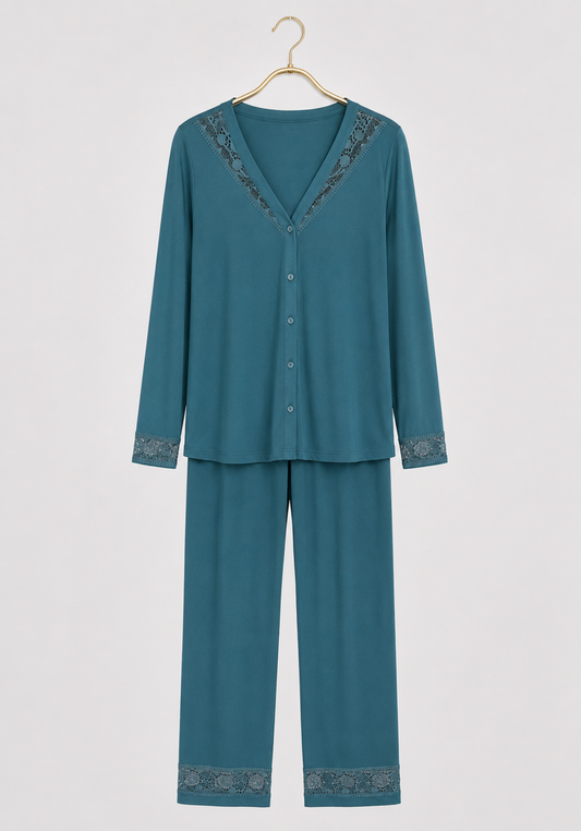 Pajamas: Viscose Lycra V-Neck Button Long Sleeve Top With Lace Detail And Pants