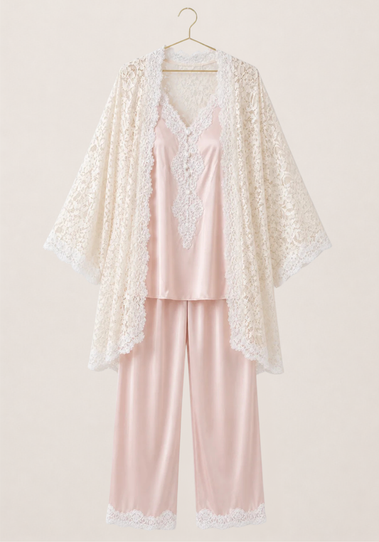Bridal 3 Pieces Pajamas: Full Dantel Short Robe And Sleeveless Satin Top With Buttons And Pants With Lace Details