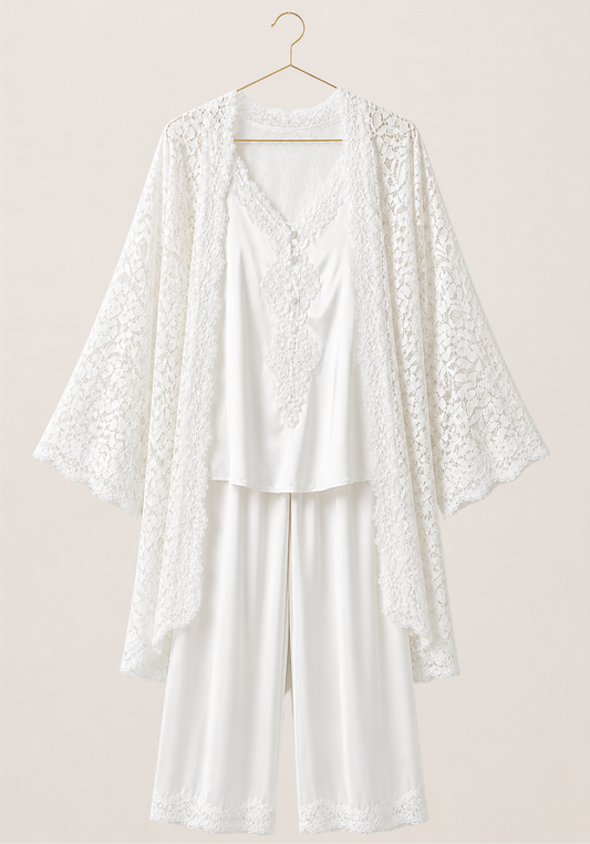 Bridal 3 Pieces Pajamas: Full Dantel Short Robe And Sleeveless Satin Top With Buttons And Pants With Lace Details