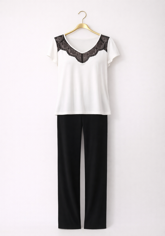 Viscose Short Sleeve V Lace Collar Top And Plain Pant Pajamas