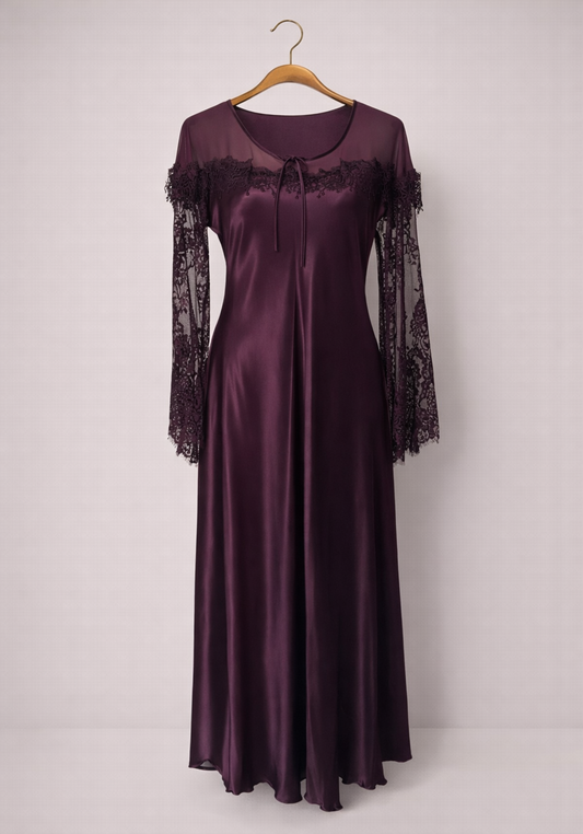 Satin Long Sleeve Long Nighty With Dantel