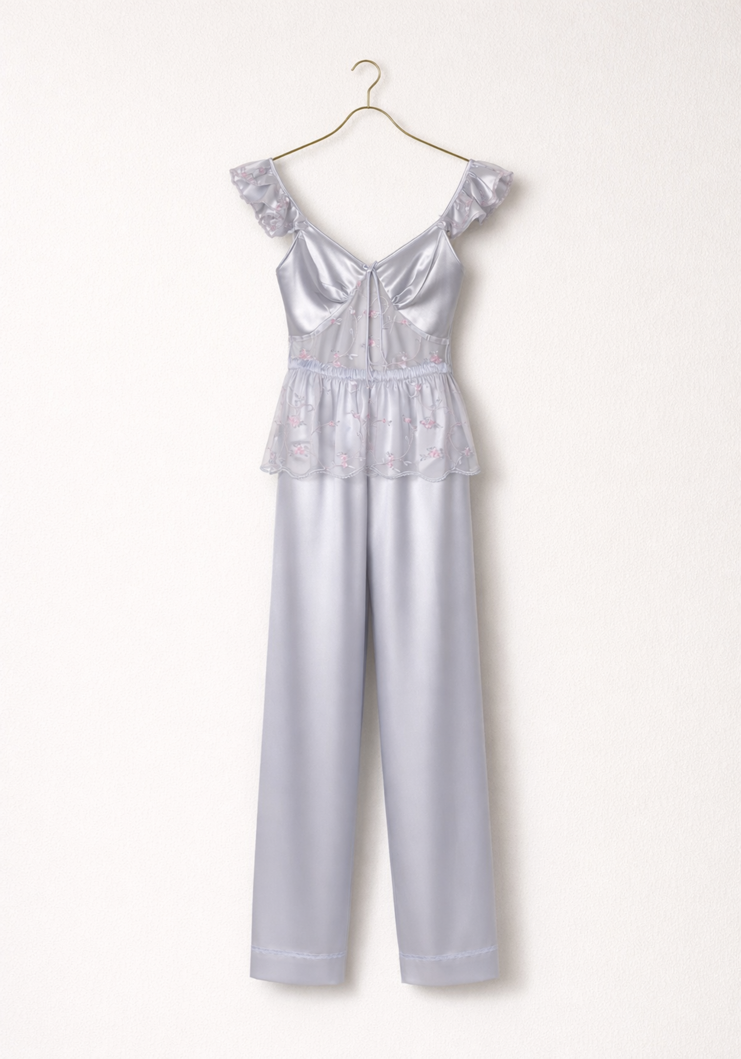 Satin Pajamas: Sleeveless Top With Lace Detail And Satin Pants