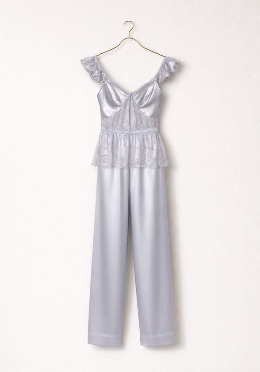 Satin Pajamas: Sleeveless Top With Lace Detail And Satin Pants