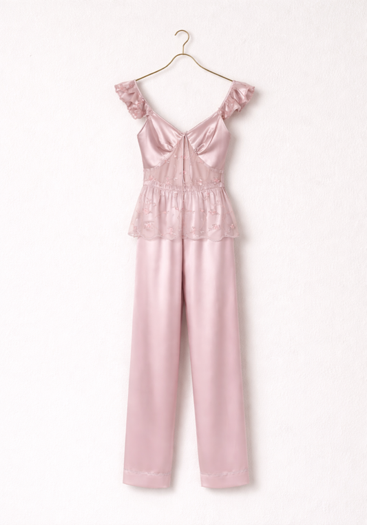 Satin Pajamas: Sleeveless Top With Lace Detail And Satin Pants