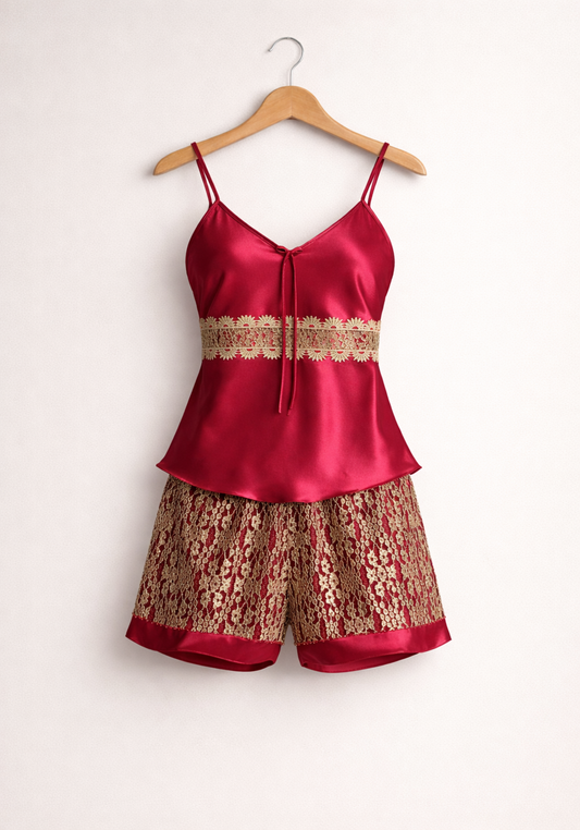 Satin Short Set: Shoulder Strap Top And Full Lace Shorts