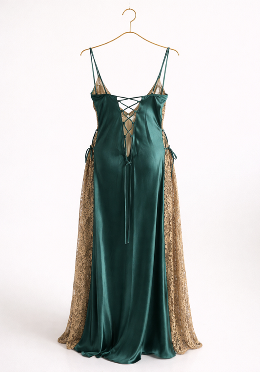 Satin Shoulder Strap Night Gown With Golden Dantel