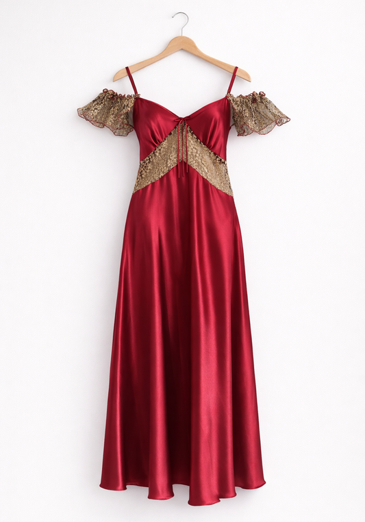 Satin Long Nighty With Golden Lace Detail