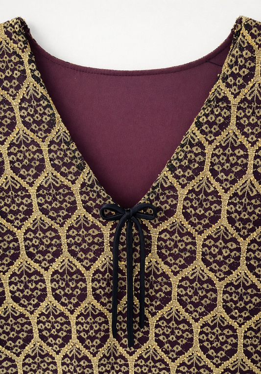 Satin Long Sleeve Long Gown With Golden Dantel