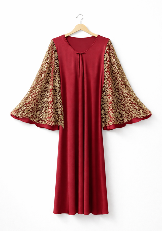 Satin Long Night Gown With Full Golden Lace Sleeves