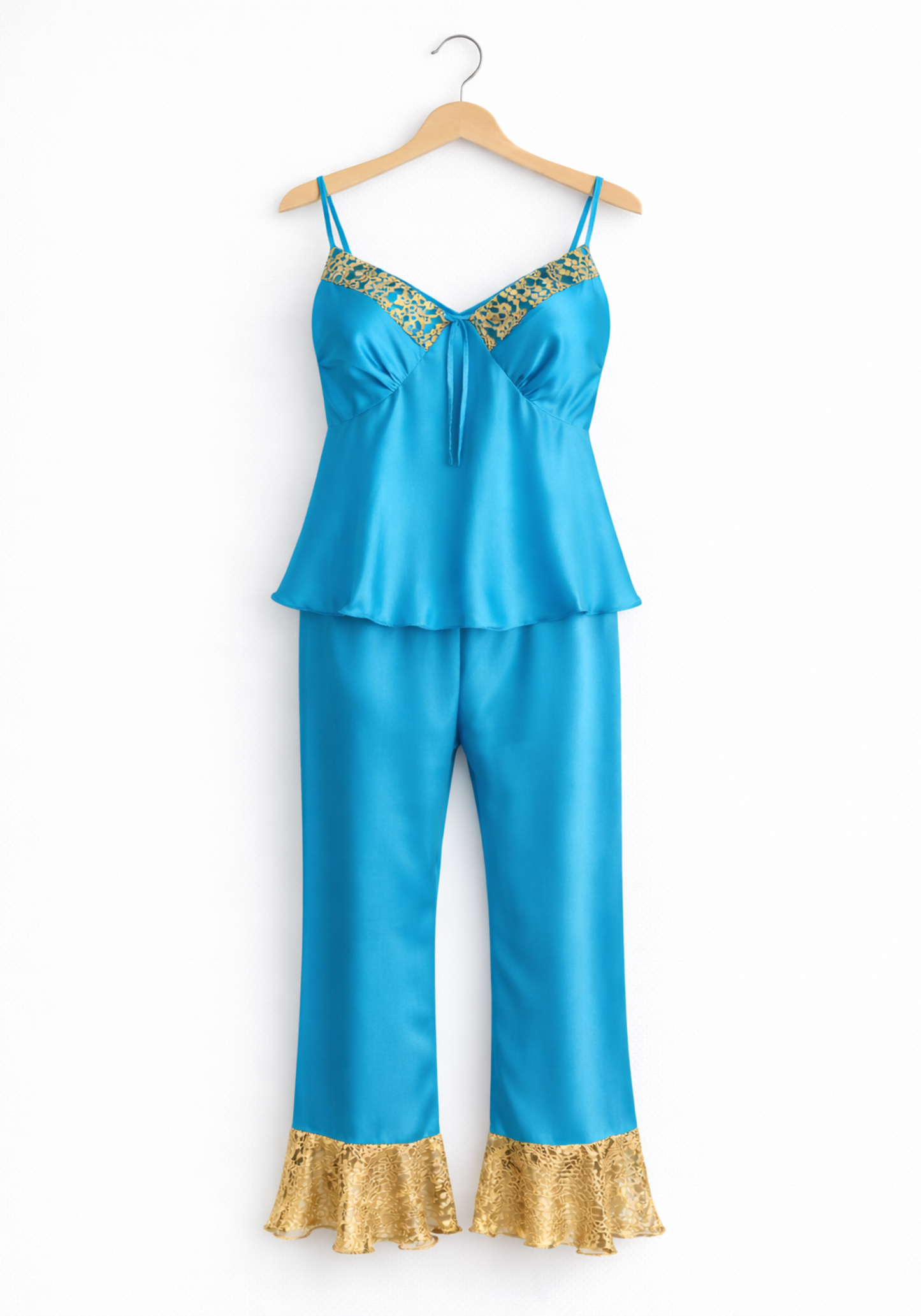 Satin Pajamas: Shoulder Strap Top And Pant With Lace Detail