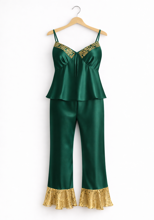 Satin Pajamas: Shoulder Strap Top And Pant With Lace Detail