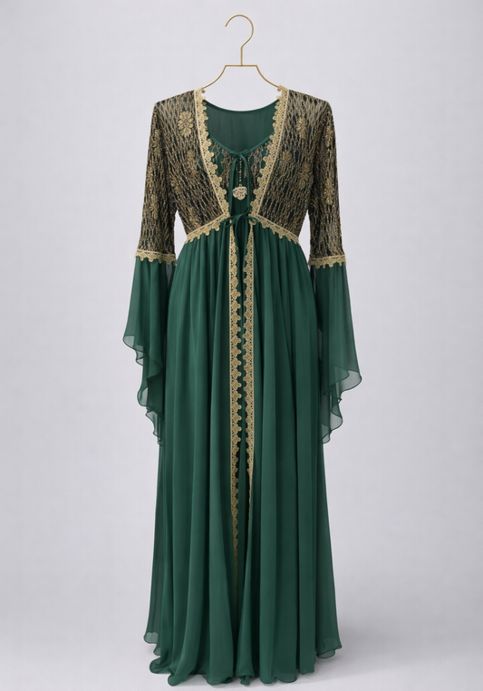 Schiffon Satin Long Robe Set With Golden Dantel