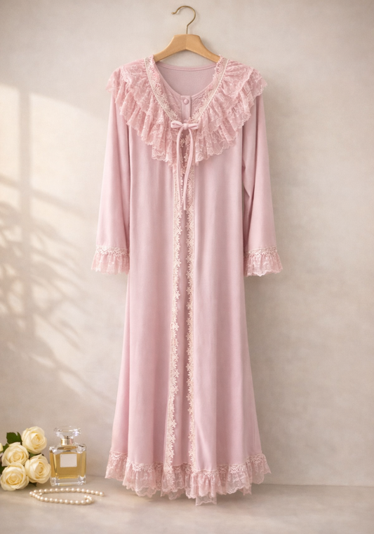 Velour Long Robe Set: Long Sleeve Long Robe And Sleeveless Nighty
