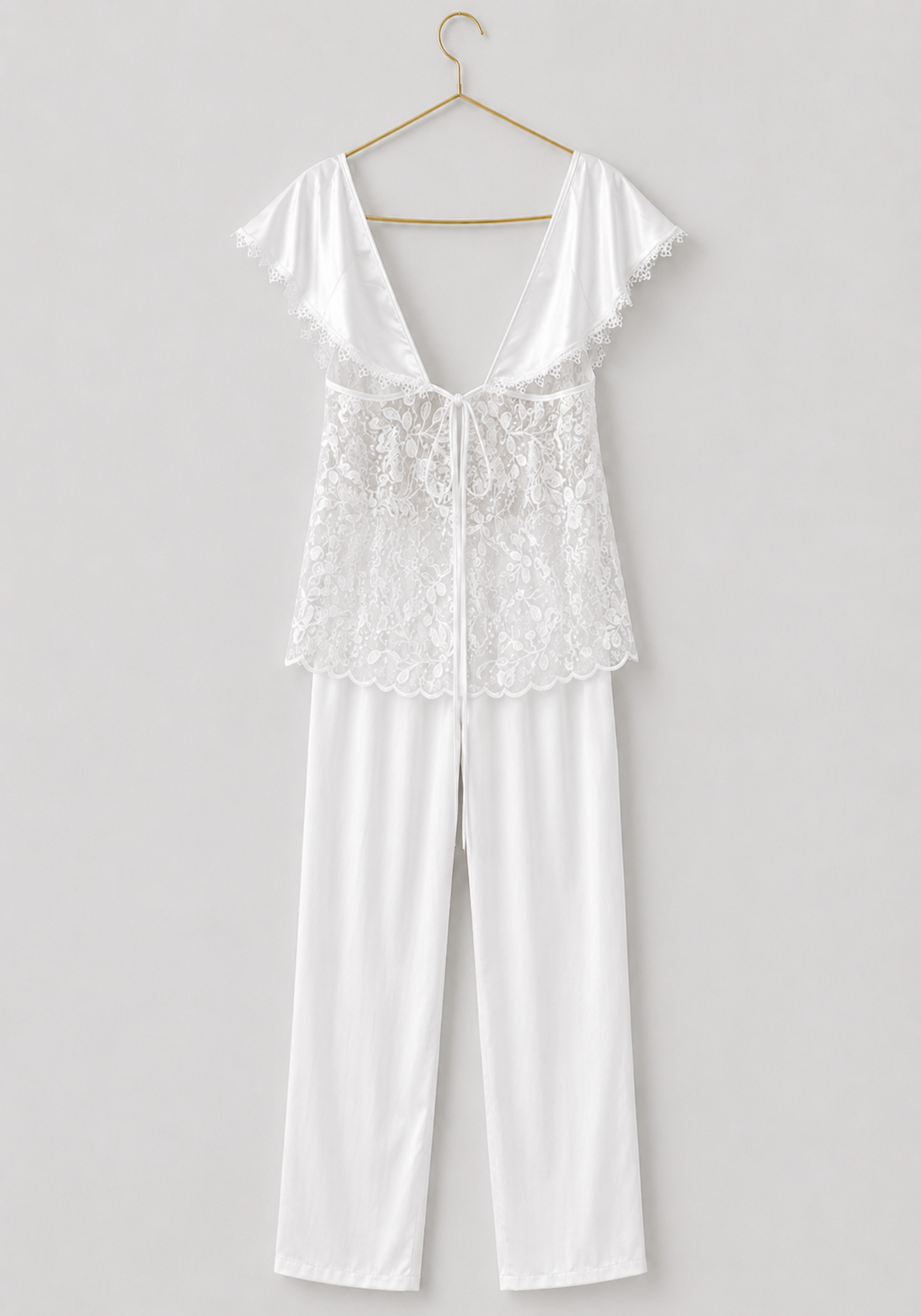 Bridal Pajamas: Shoulder Strap Cami Top With Dentel Details And Plain Satin Pants