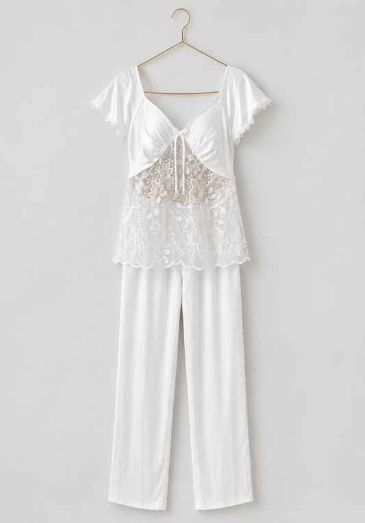 Bridal Pajamas: Shoulder Strap Cami Top With Dentel Details And Plain Satin Pants