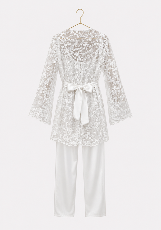 Bridal 3 Pieces Set: Satin Cami Top And Full Dantel Long Sleeve Robe And Satin Pants