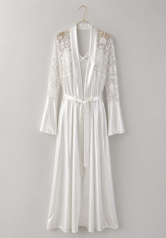 Bridal Long Night Gown And Robe Set With Lace