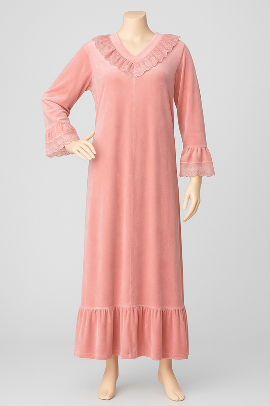 Velour Long Gown With Lace