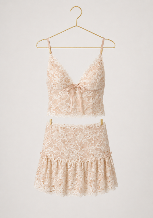 Skirt Set: Full Lace Shoulder Strap Top And Short Skirt Set