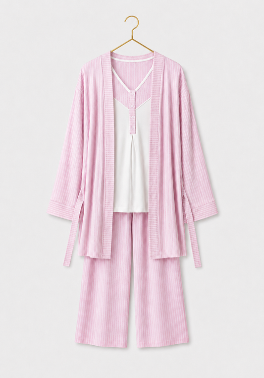 3 Pieces Set: Cotton (100%) Woven Collar Button Short Sleeve Striped Pajamas And Robe