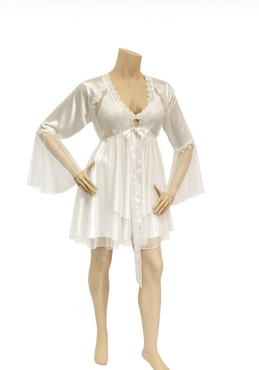 Bridal Short Night Gown And Robe Set With Lace