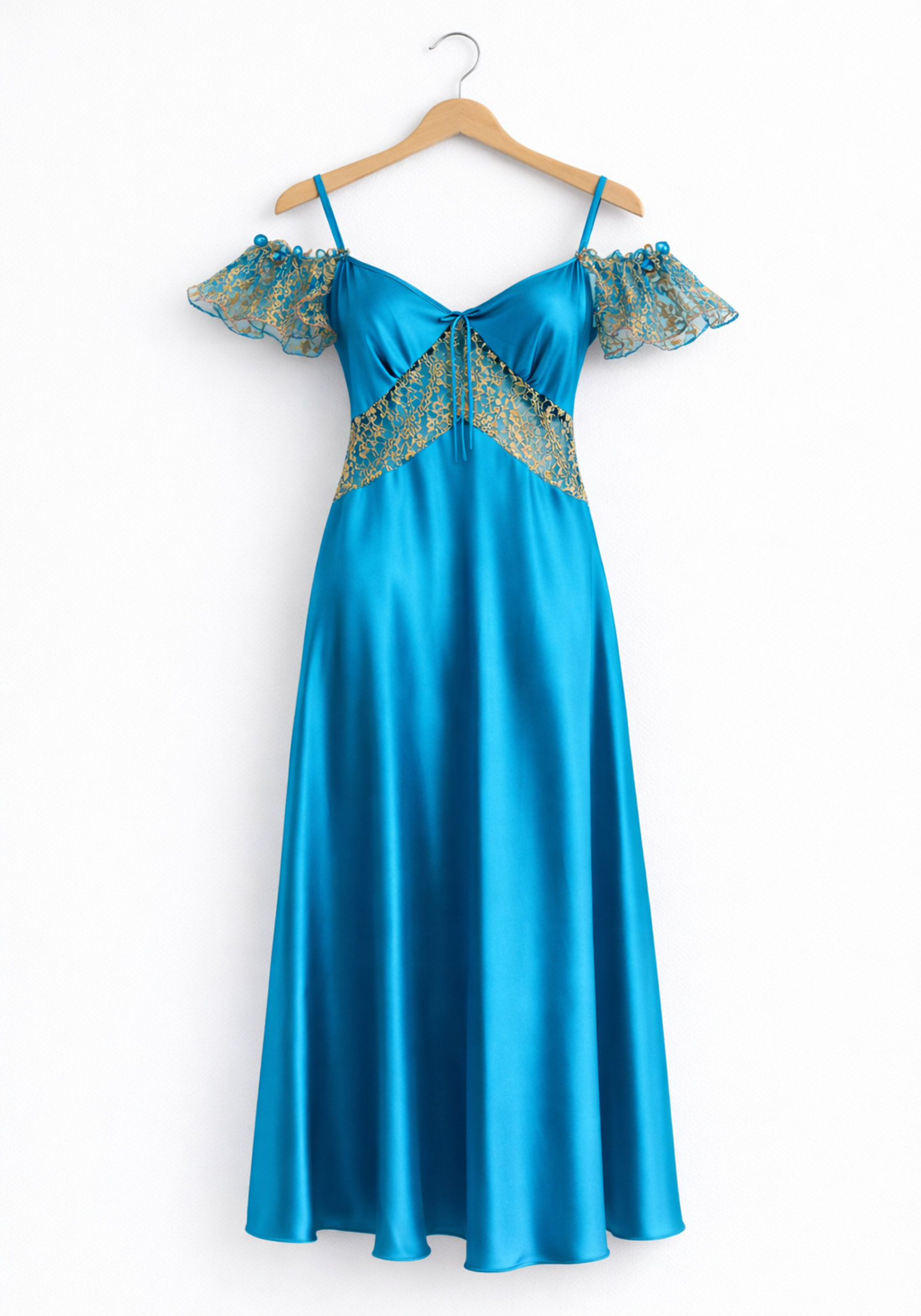 Satin Long Nighty With Golden Lace Detail