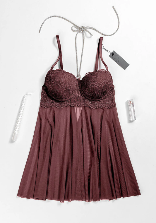 Lingerie Babydoll: Shoulder Strap Dantel Padded Bra With Stras Necklace Attached With Toulle Extension And Panty