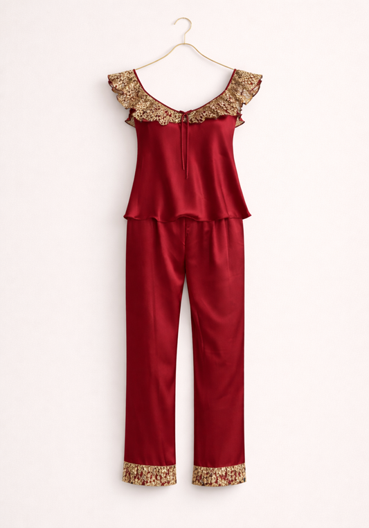 Satin Pajamas: Sleeveless Lace Front Top And Pants With Lace Detail
