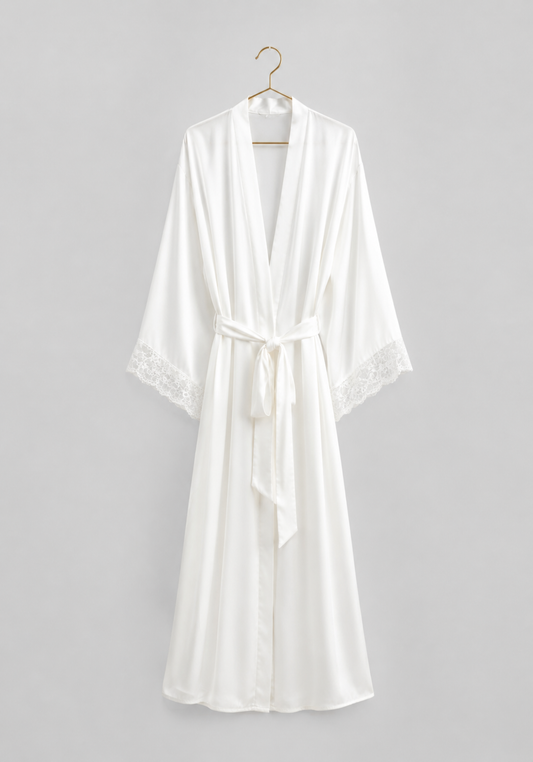 Bridal Long Robe Set: Shoulder Strap Padded Bra Long Gown And Long Robe With Lace Detail